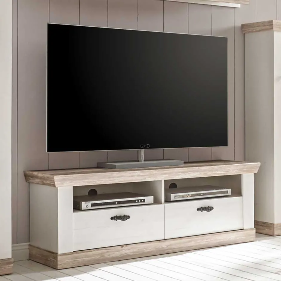 Wohnen Landhaus TV Element in Weiß & Pinie Shabby Nedita mit 2 Schubladen