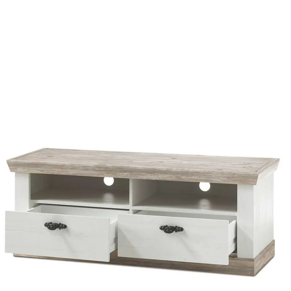 Wohnen Landhaus TV Element in Weiß & Pinie Shabby Nedita mit 2 Schubladen