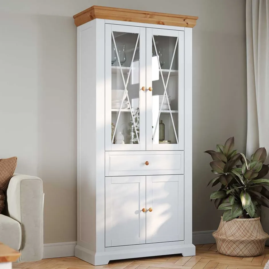 Wohnen Landhaus Vitrinenschrank in Weiß & Natur Kiefer - Saluts