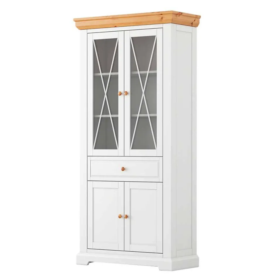Wohnen Landhaus Vitrinenschrank in Weiß & Natur Kiefer - Saluts