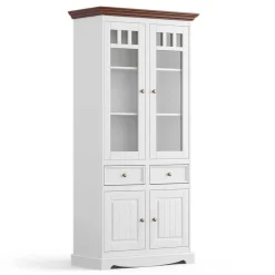 Wohnen Landhaus Vitrinenschrank in Weiß mit Nussbaum - Manipur