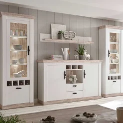 Landhaus Wohnmöbel Set mit Sideboard Nedita in Weiß mit Pinie Shabby (vierteilig)^Wohnen Discount