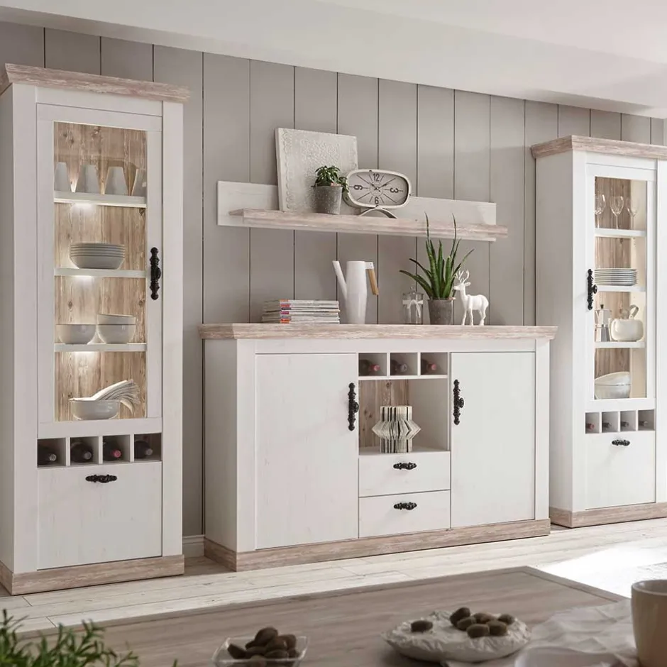 Landhaus Wohnmöbel Set mit Sideboard Nedita in Weiß mit Pinie Shabby (vierteilig)^Wohnen Discount