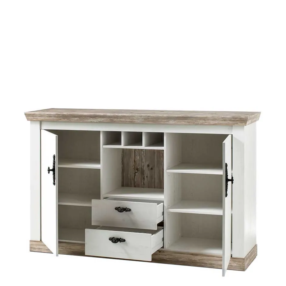 Landhaus Wohnmöbel Set mit Sideboard Nedita in Weiß mit Pinie Shabby (vierteilig)^Wohnen Discount