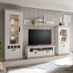 Wohnen Landhaus Wohnzimmer Möbel Set Nedita in Weiß & Pinie (vierteilig)