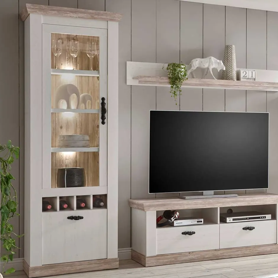 Wohnen Landhaus Wohnzimmer Möbel Set Nedita in Weiß & Pinie (vierteilig)