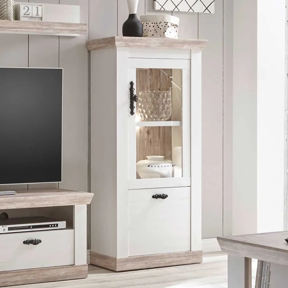 Wohnen Landhaus Wohnzimmer Möbel Set Nedita in Weiß & Pinie (vierteilig)