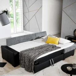 L-Design Ausziehsofa in Blau und Grau - Lugres^Wohnen