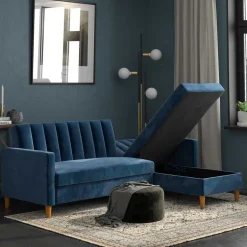 L-Schlafsofa in Blau Samt - Astomon^Wohnen Sale