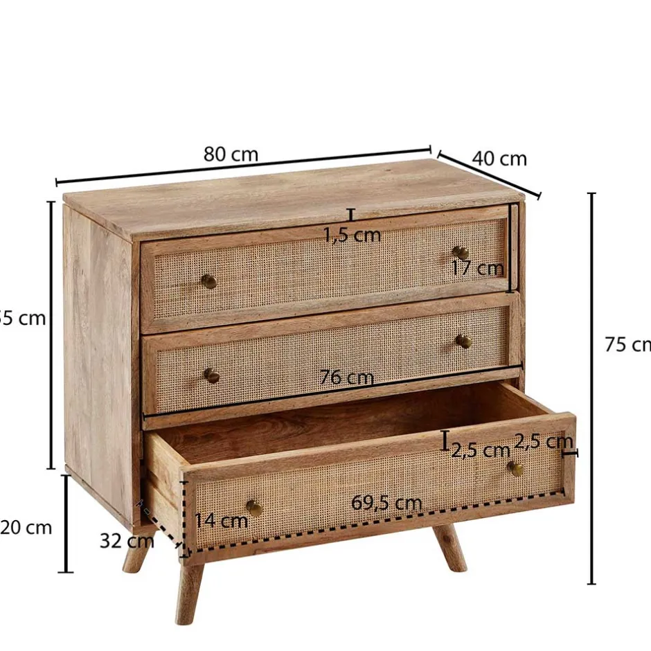 Wohnen Mangoholz Kommode mit Rattan Geflecht Fronten - Kanados