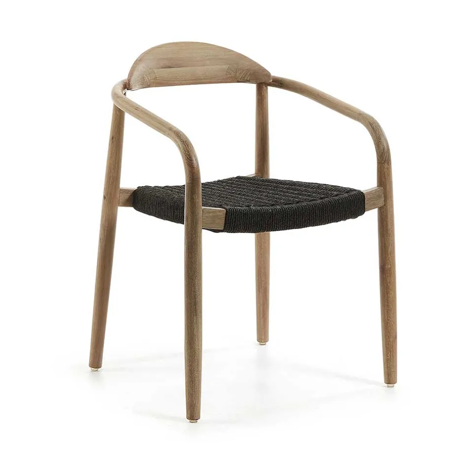 Wohnen Massivholz Armlehnstuhl mit Geflecht Sitz Anela aus Kordel Grau (4er Set)