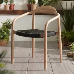 Wohnen Massivholz Armlehnstuhl mit Geflecht Sitz Anela aus Kordel Grau (4er Set)