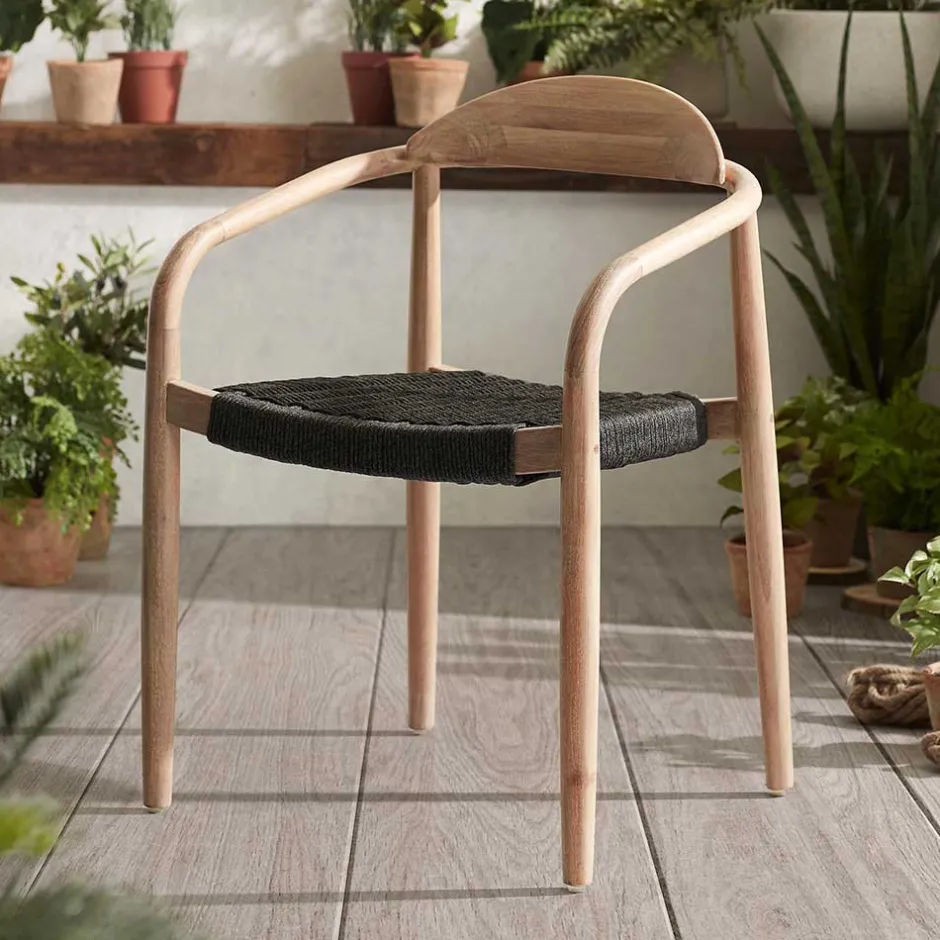 Wohnen Massivholz Armlehnstuhl mit Geflecht Sitz Anela aus Kordel Grau (4er Set)