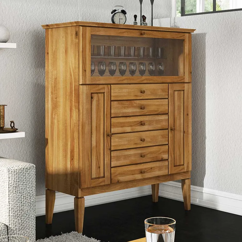 Wohnen Massivholz Highboard Masdamos mit Glasklappe