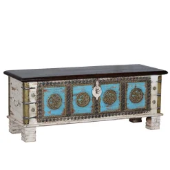 Massivholztruhe in Antikweiß mit Blau Bronze Braun - Eskuladra^Wohnen Discount