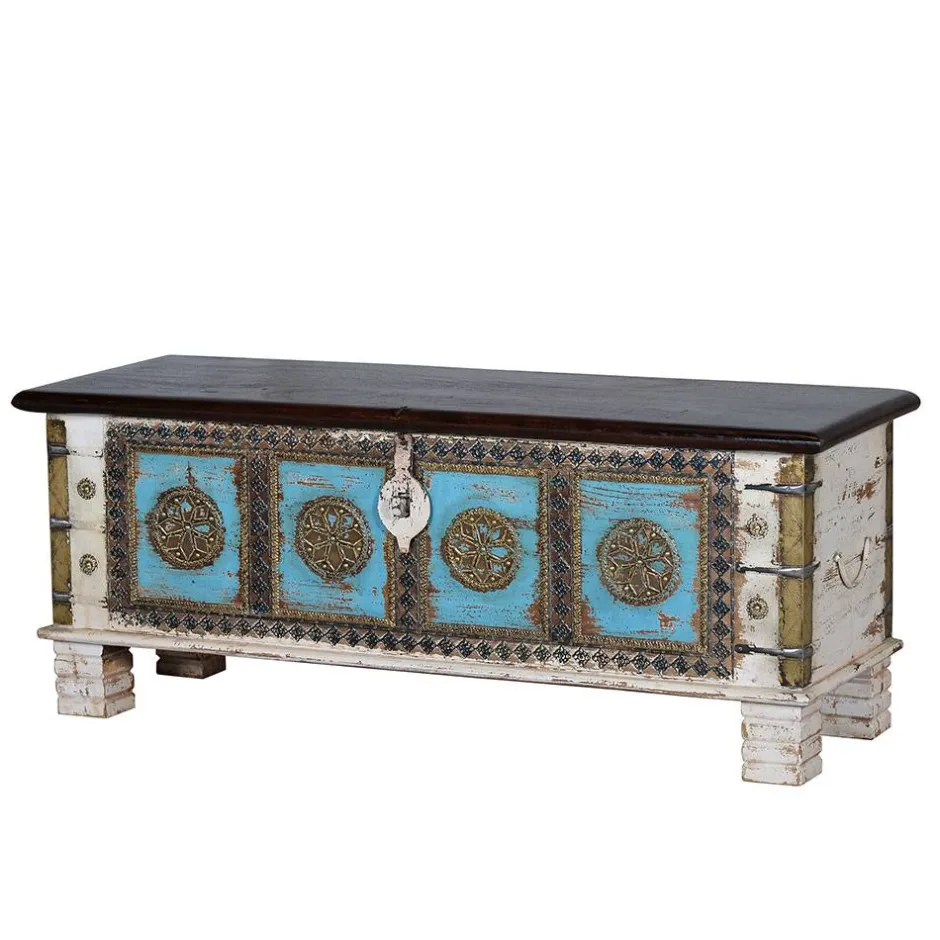 Massivholztruhe in Antikweiß mit Blau Bronze Braun - Eskuladra^Wohnen Discount