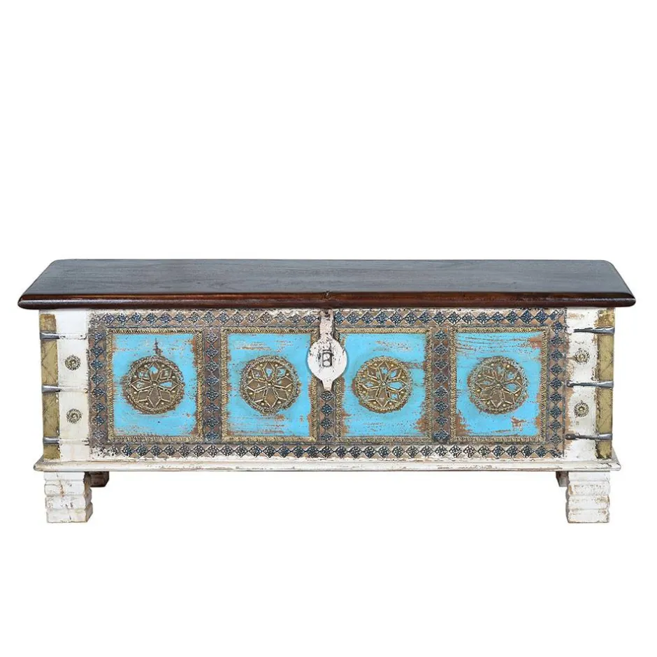 Massivholztruhe in Antikweiß mit Blau Bronze Braun - Eskuladra^Wohnen Discount