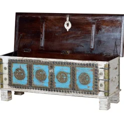 Massivholztruhe in Antikweiß mit Blau Bronze Braun - Eskuladra^Wohnen Discount