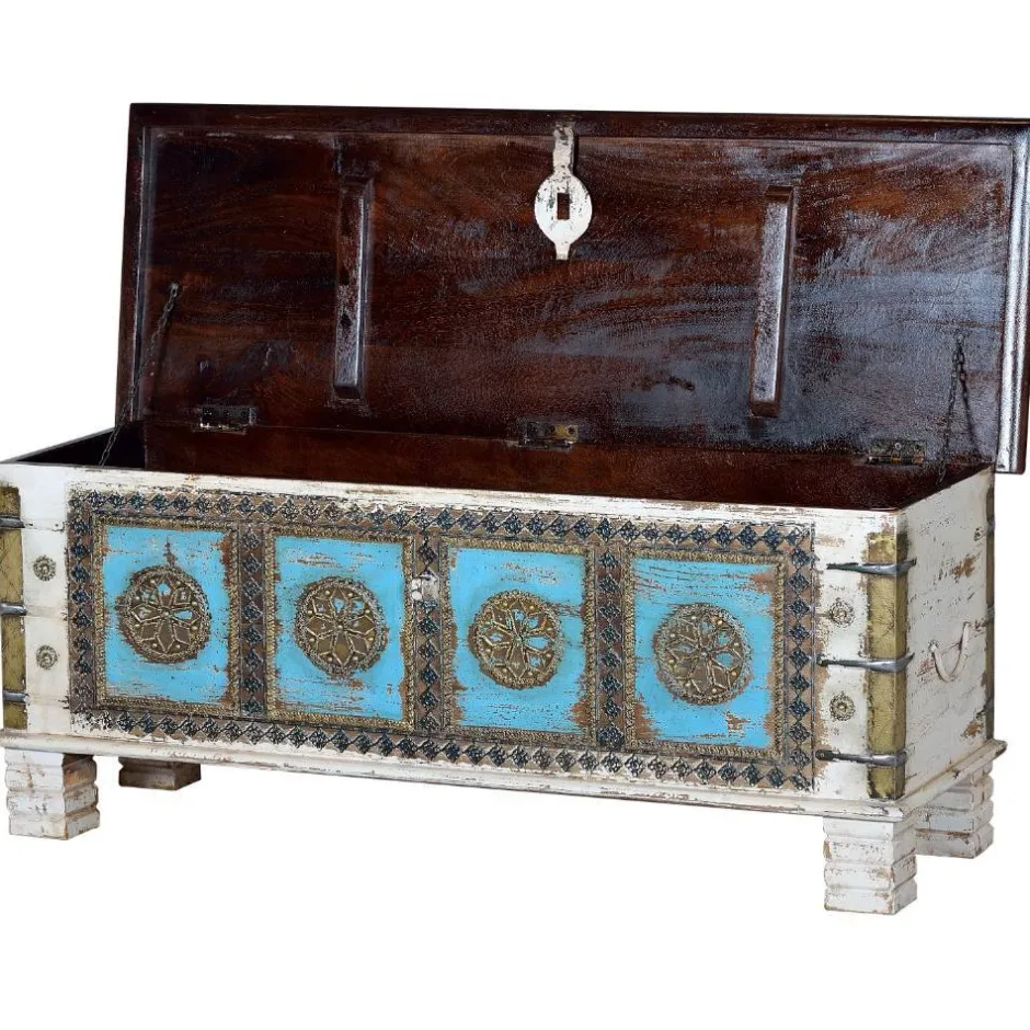 Massivholztruhe in Antikweiß mit Blau Bronze Braun - Eskuladra^Wohnen Discount