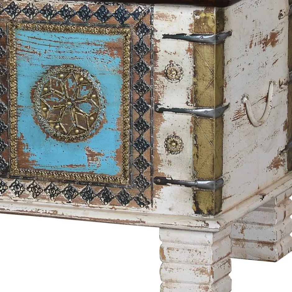 Massivholztruhe in Antikweiß mit Blau Bronze Braun - Eskuladra^Wohnen Discount