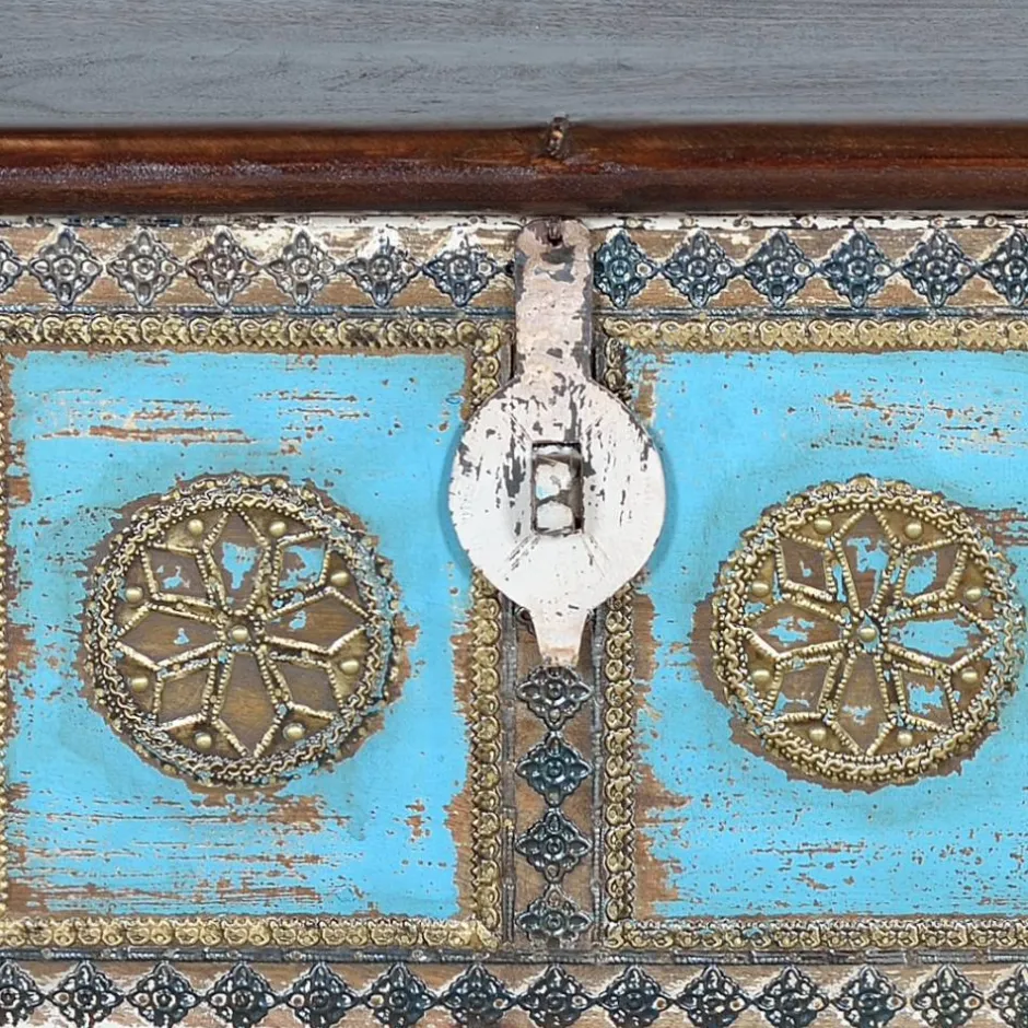 Massivholztruhe in Antikweiß mit Blau Bronze Braun - Eskuladra^Wohnen Discount