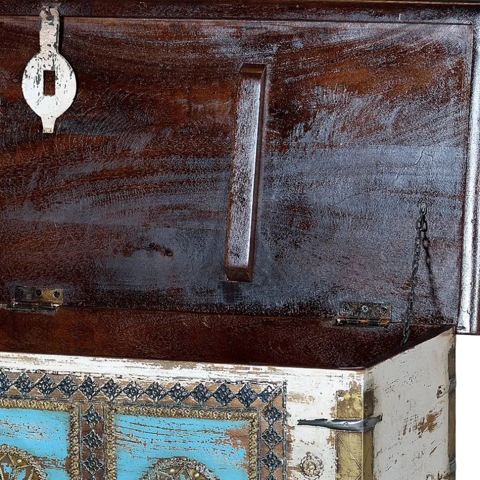 Massivholztruhe in Antikweiß mit Blau Bronze Braun - Eskuladra^Wohnen Discount