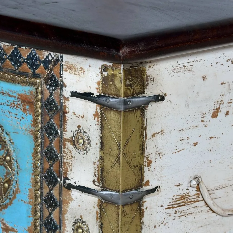 Massivholztruhe in Antikweiß mit Blau Bronze Braun - Eskuladra^Wohnen Discount