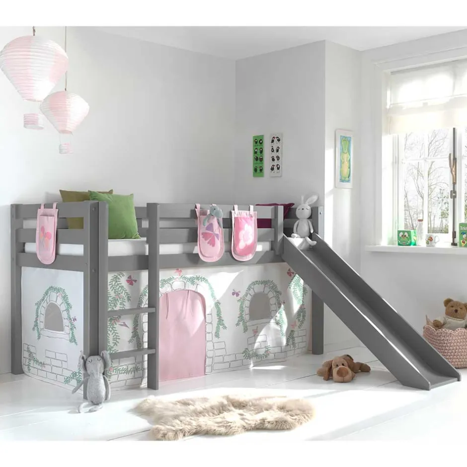 Mädchen Rutschbett in Grau mit Vorhang - Constanza^Wohnen Outlet
