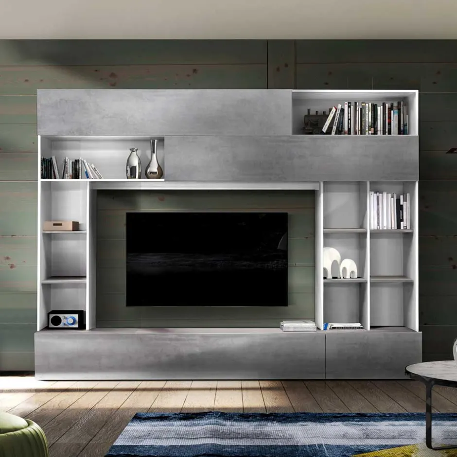 Wohnen Mediawand für Fernseher in Weiß & Beton Dekor - Fancy