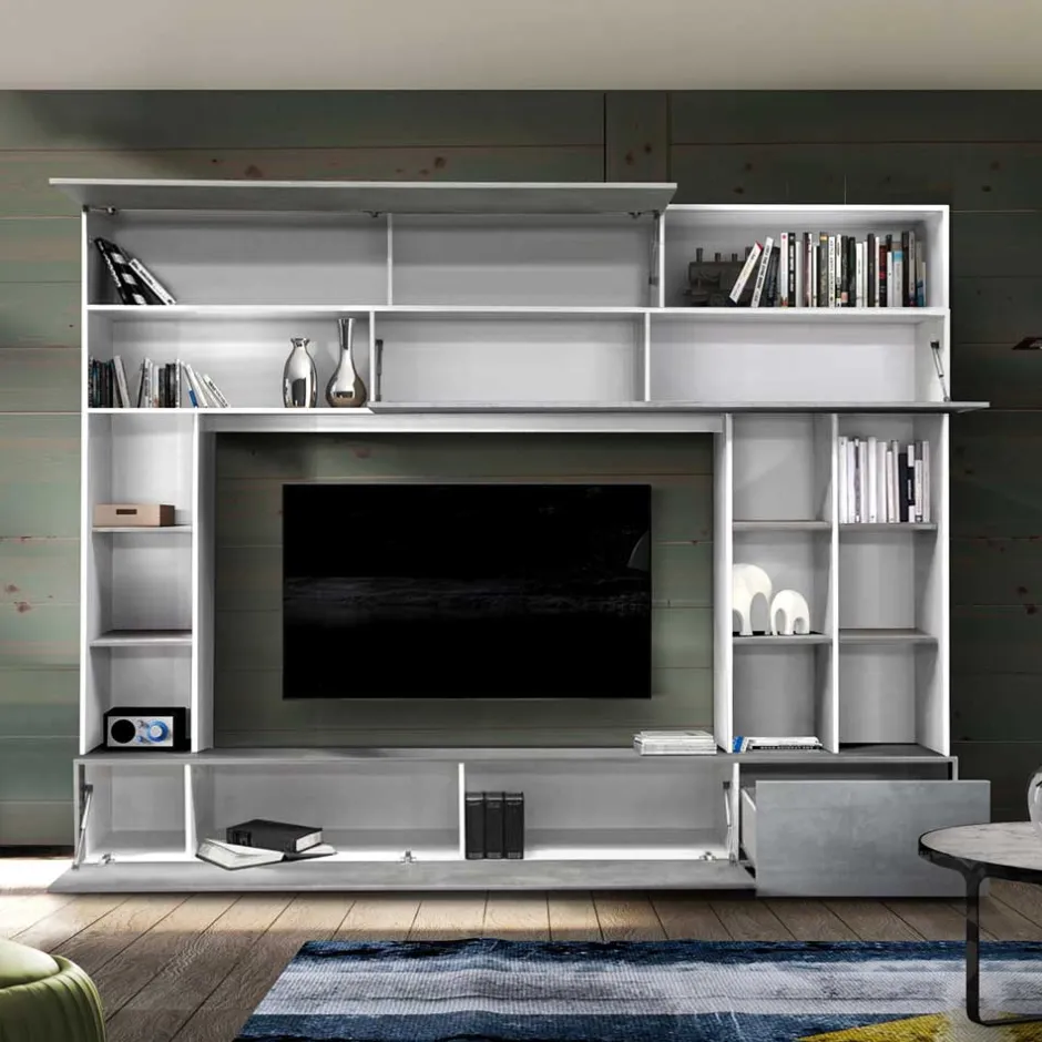 Wohnen Mediawand für Fernseher in Weiß & Beton Dekor - Fancy