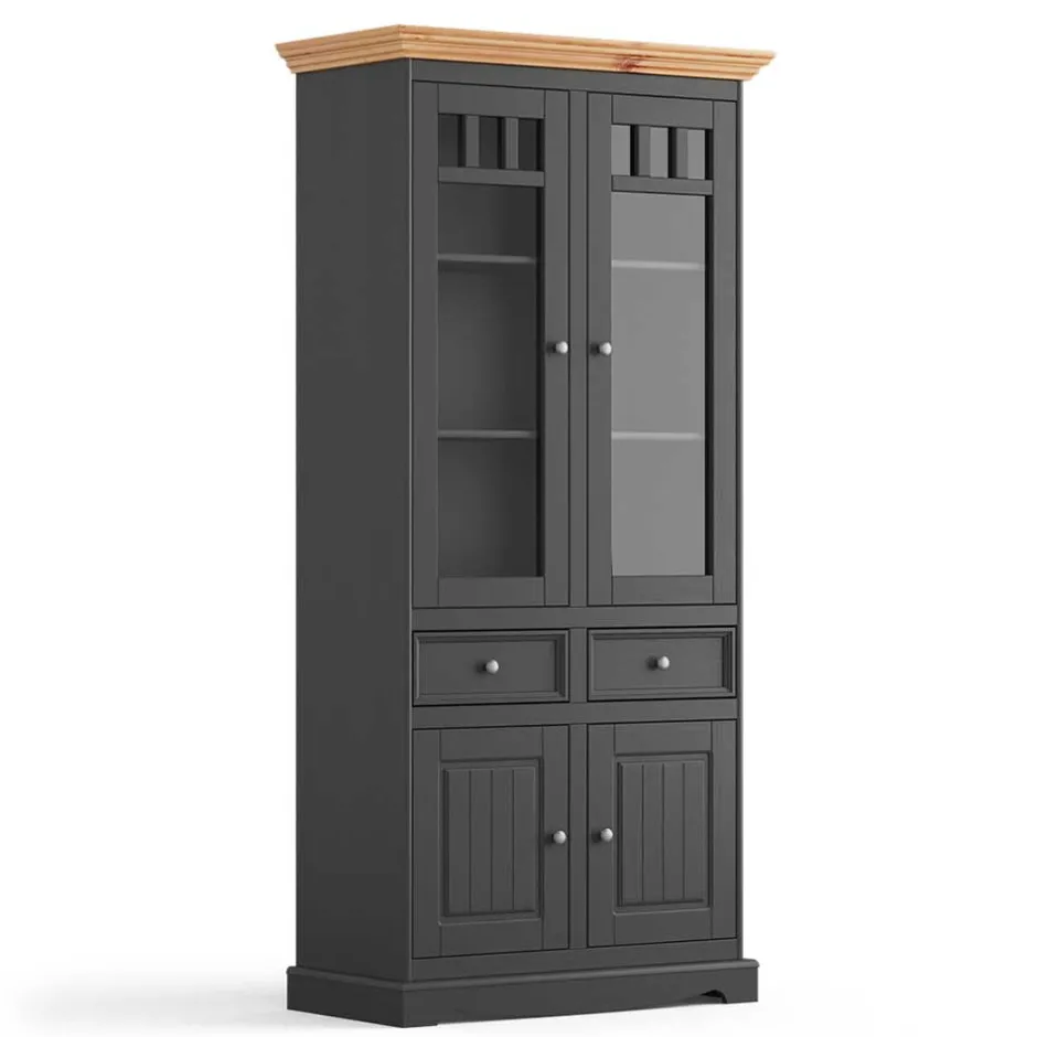 Wohnen Modern Country Vitrinenschrank in Grau & Kiefer - Eromsia
