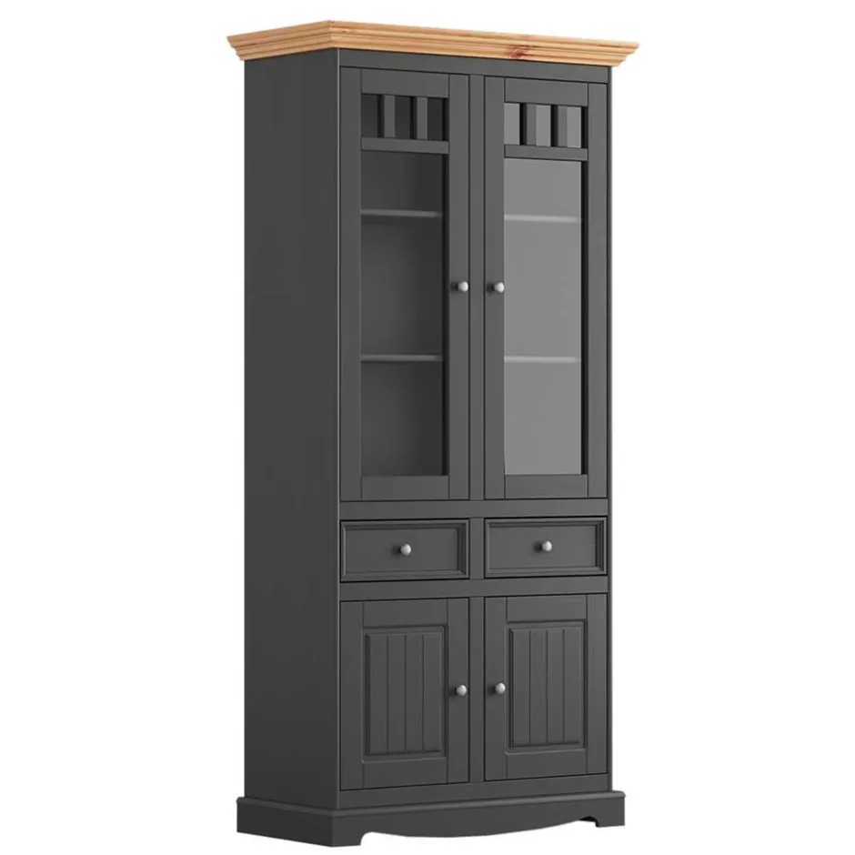 Wohnen Modern Country Vitrinenschrank in Grau & Kiefer - Eromsia