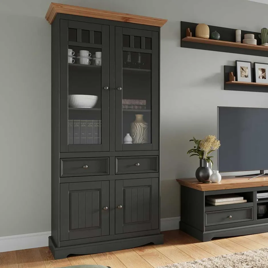 Wohnen Modern Country Vitrinenschrank in Grau & Kiefer - Eromsia
