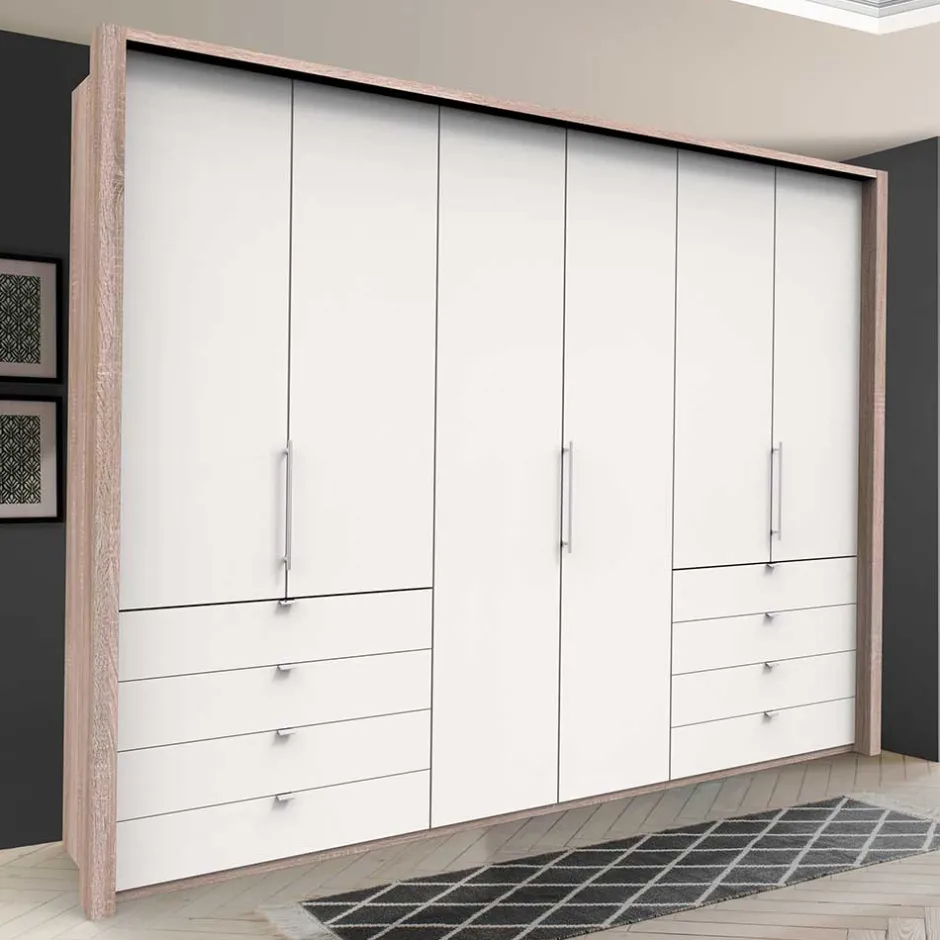 Wohnen Moderner Schlafzimmerschrank in Weiß & Eiche sägerau - Vaclyn