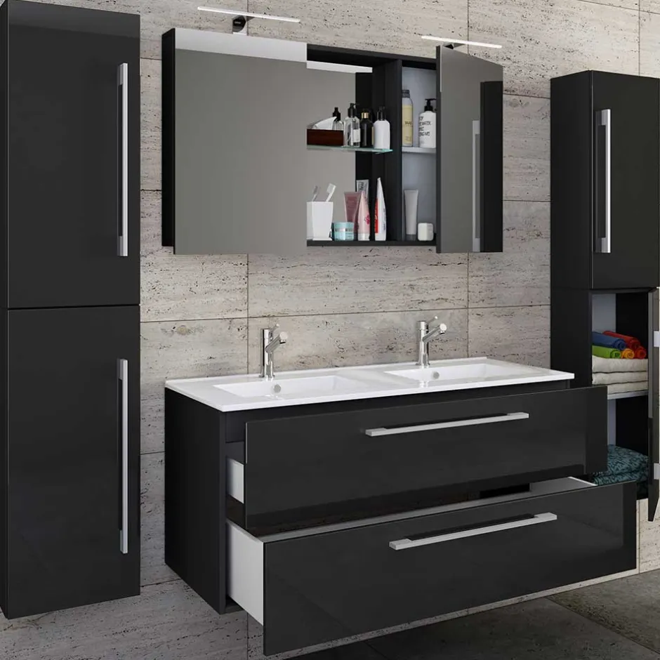 Wohnen Modernes Badmöbel Ensemble in Schwarz - Vinkoja (vierteilig)