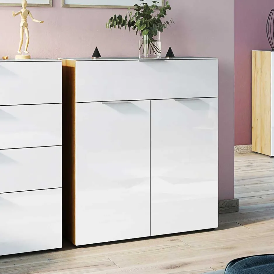 Wohnen Modernes Vertiko in Weiß & Wildeiche - Duclia