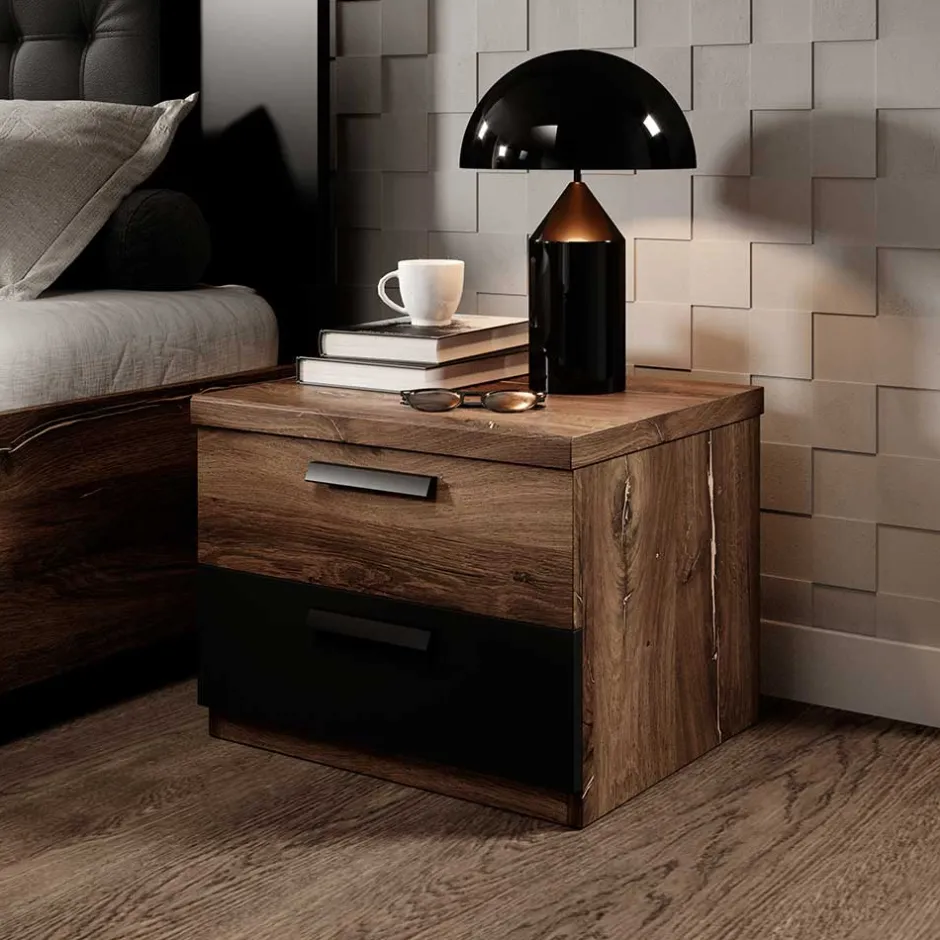 Wohnen Nachtschrank mit Schubladen in Eiche Dunkel - Prabhaa