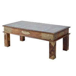 Wohnen Orient Design Couchtisch aus Massivholz mit Glas - Danascov