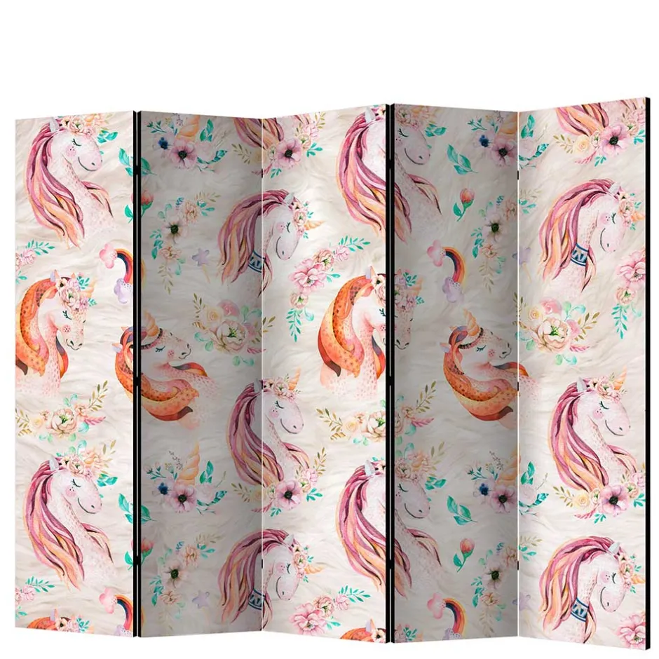 Kinder Wohnen Pastellfarben Paravent mit Einhorn Köpfen Kunstmotiv - Manca
