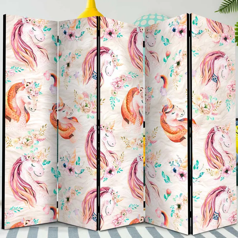 Kinder Wohnen Pastellfarben Paravent mit Einhorn Köpfen Kunstmotiv - Manca