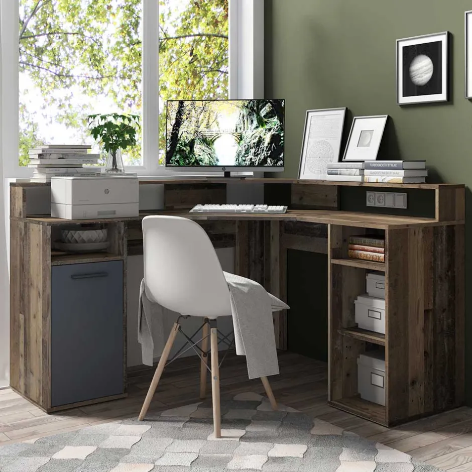 Wohnen PC Eckschreibtisch in Altholz Optik - Asalion