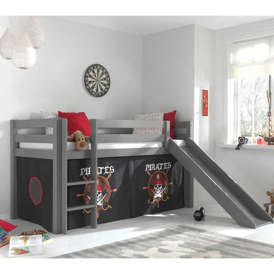 Kinder Wohnen Piratenhochbett mit Rutsche in Grau - Ainbols