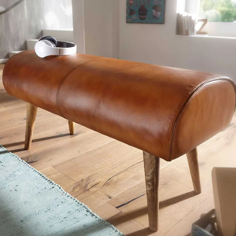 Wohnen Polsterbank mit Ledersitz in Cognac Braun - Tonas