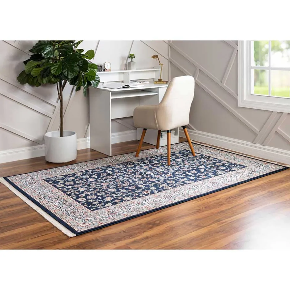 Wohnen Rechteckiger Orient Teppich in Dunkelblau & Creme - Pandau