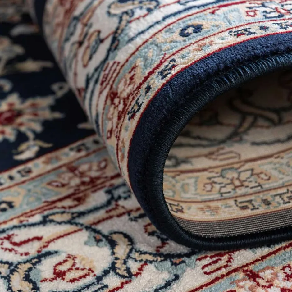 Wohnen Rechteckiger Orient Teppich in Dunkelblau & Creme - Pandau