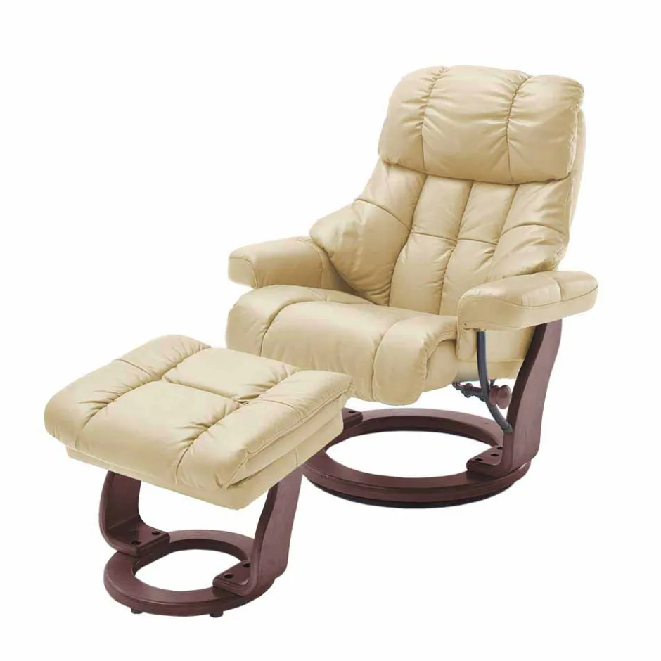 Wohnen Relax Sessel mit Leder in Creme & Gestell Walnuss Hermine inkl. Hocker (zweiteilig)