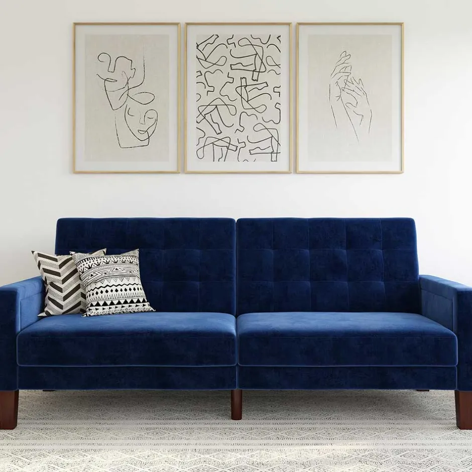 Retro Bettsofa in Blau Samt - Silvaria^Wohnen