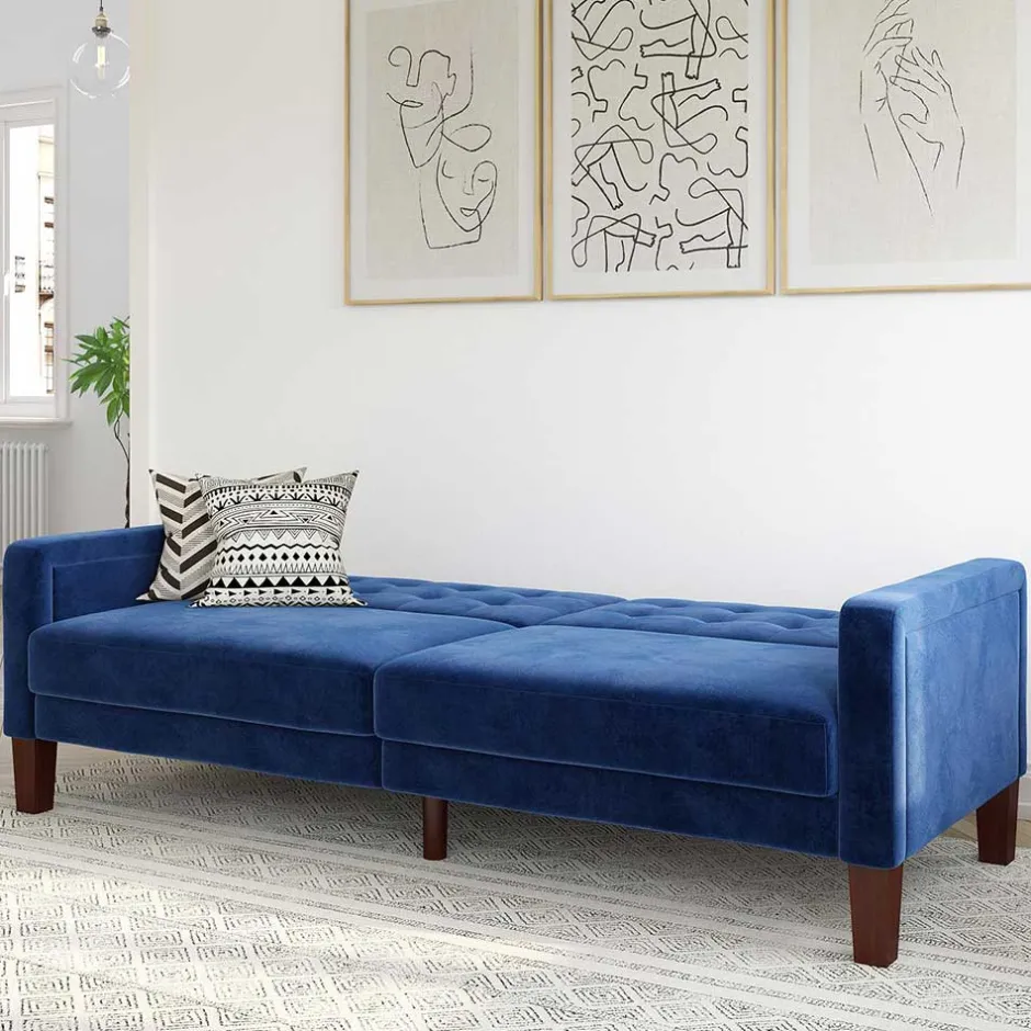 Retro Bettsofa in Blau Samt - Silvaria^Wohnen