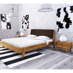Wohnen Retrobett aus Wildeiche & Kunstleder - Hardus (dreiteilig)