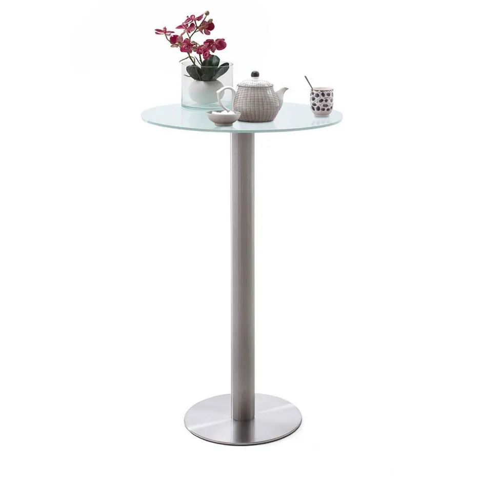 Runder Bartisch mit weißer Glasplatte Shaky & Edelstahlfuß^Wohnen Best